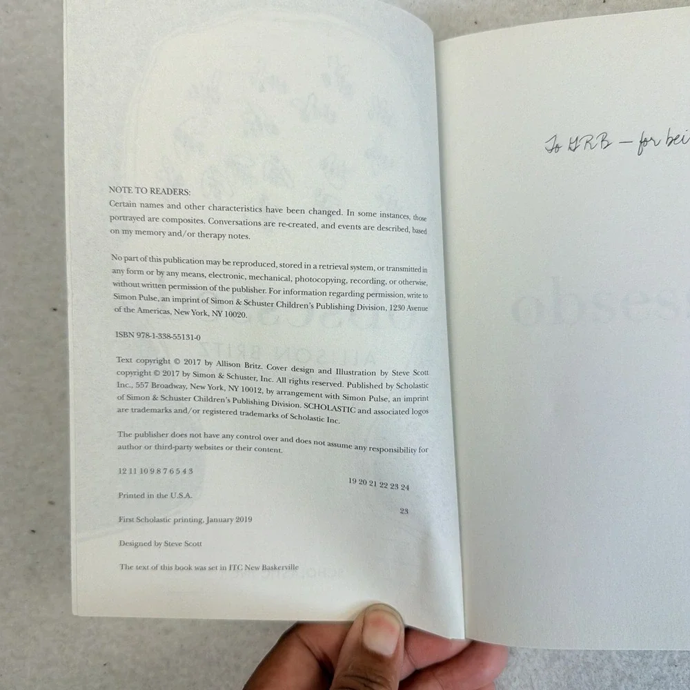 Obsessed: A Memoir of My Life with OCD by Allison Britz (2019-Scholastic) 1st Ed